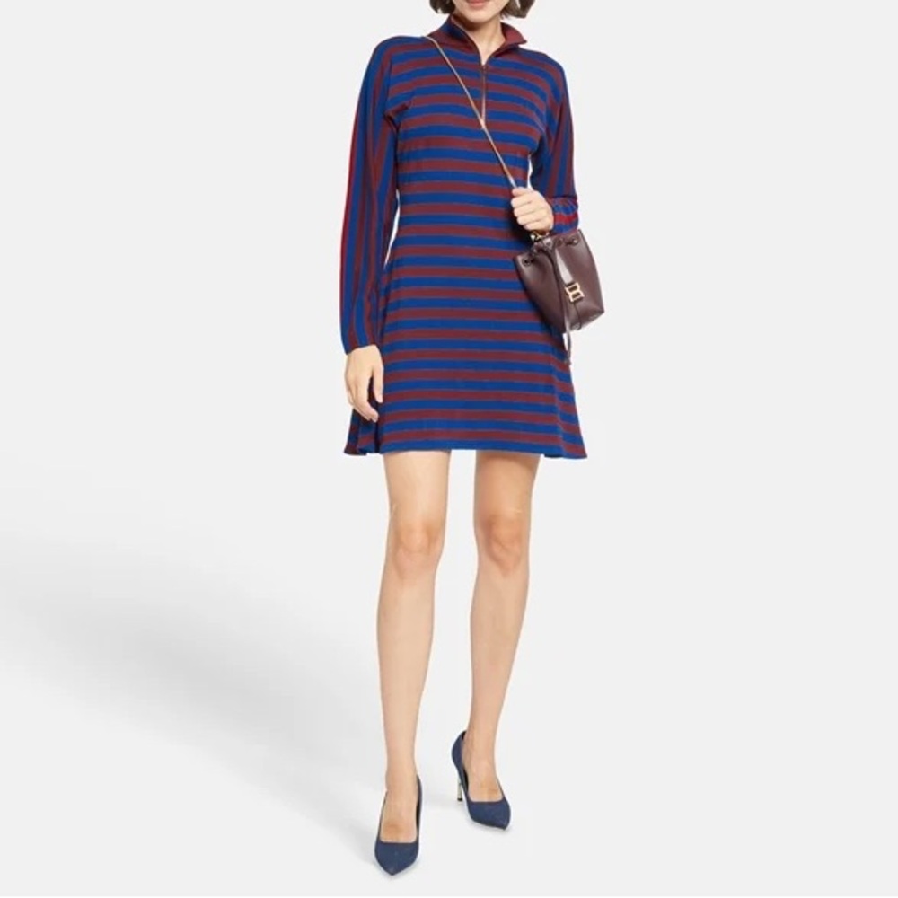 KENZO Striped Long-Sleeve A-Line Dress in Blue and Burgundy size M
